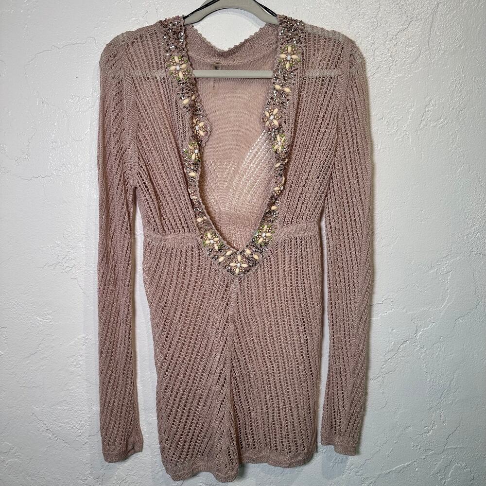 Victoria's Secret Knit Crochet Swim Cover Beige Linen Blend Beaded Coastal Luxe